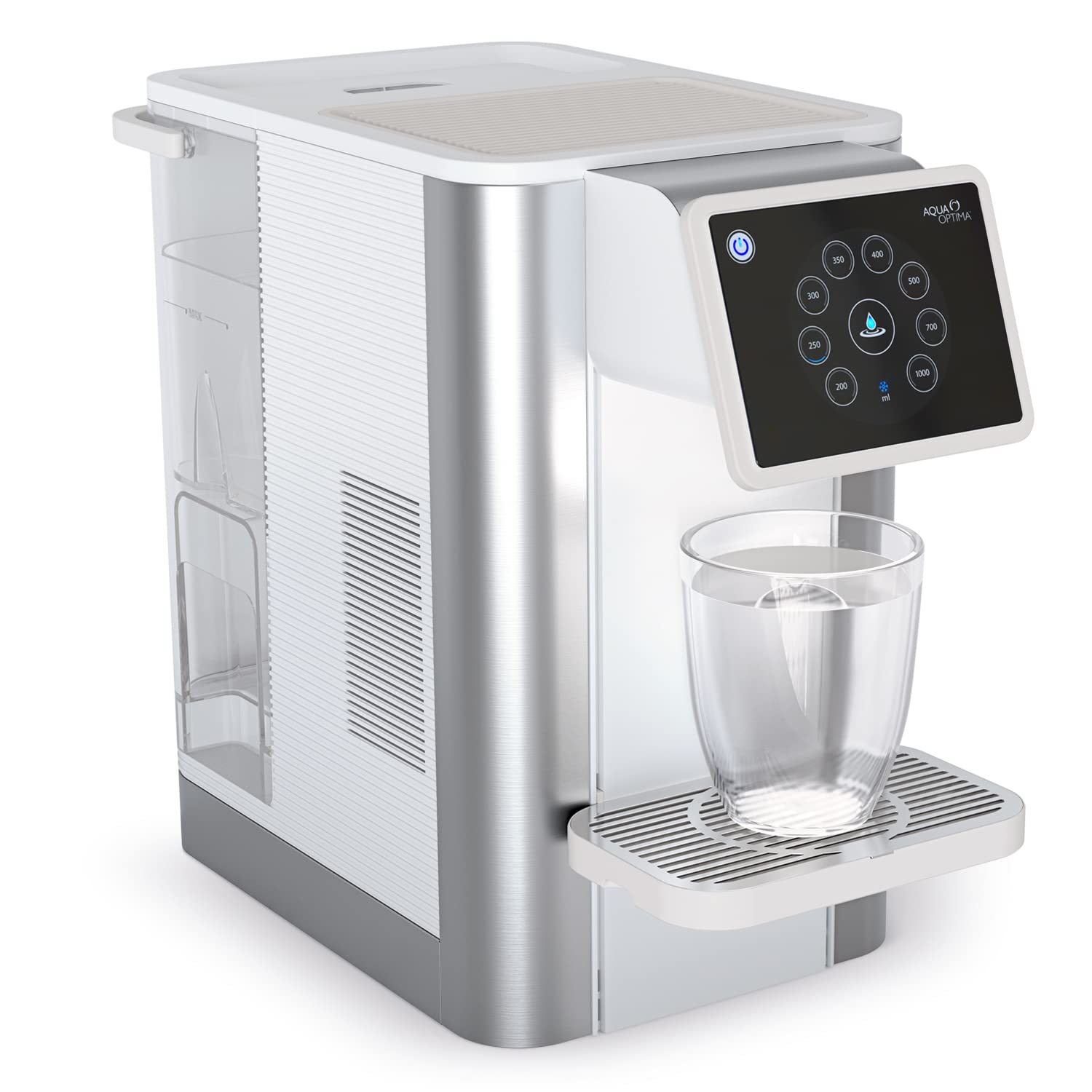 Aqua Optima Aurora chilled water dispenser in silver, with a glass filling beneath the spout