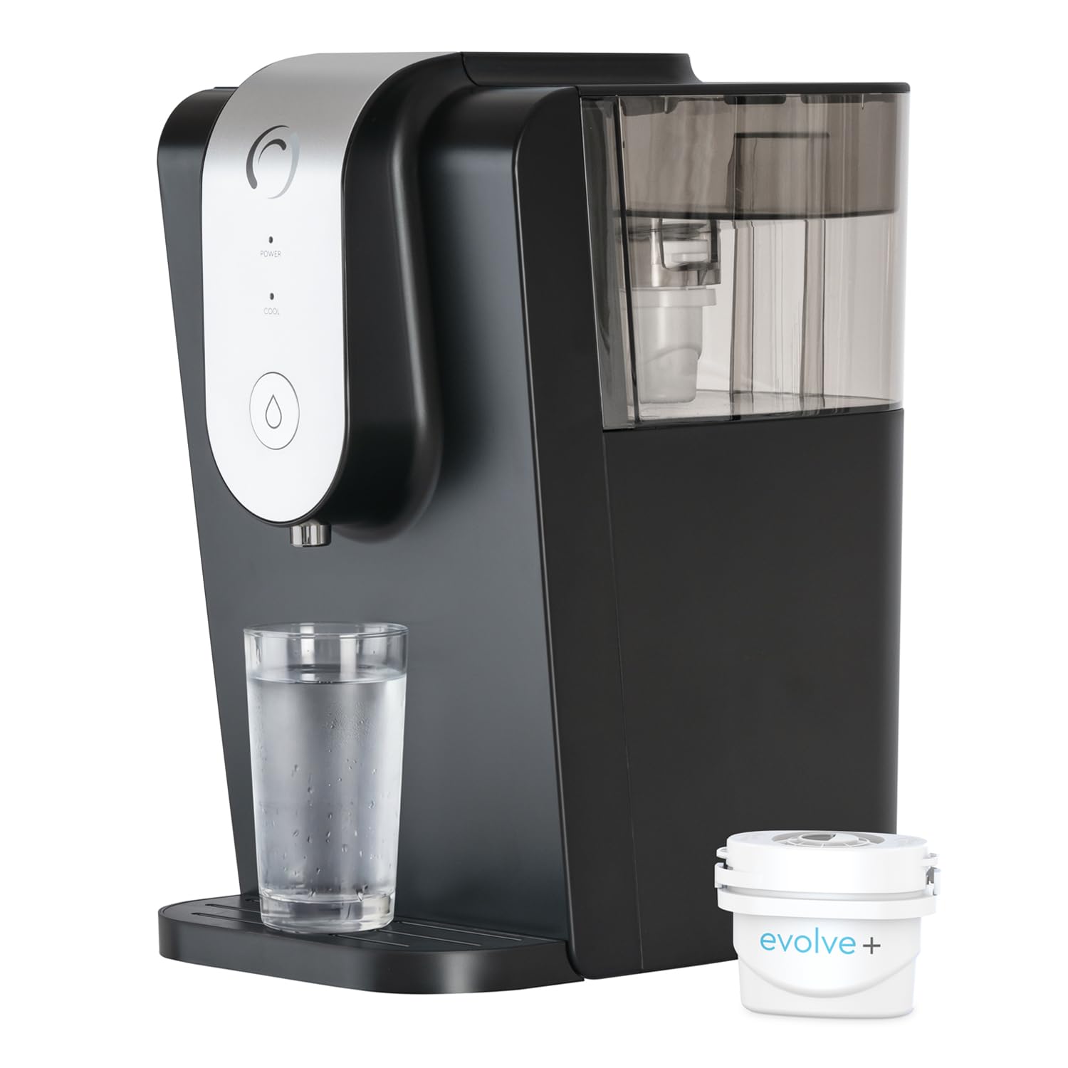 Aqua Optima Lumi chilled water dispenser in black, shown with a glass beneath the spout and an Evolve+ filter cartridge