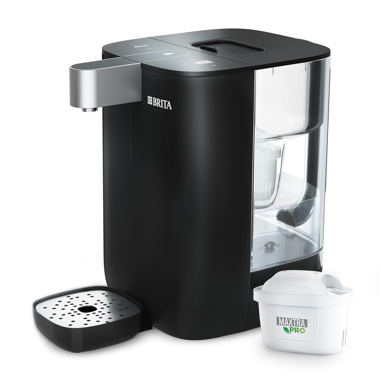 BRITA YOURCE mini hot water dispenser in black, shown with its MAXTRA PRO filter cartridge and drip tray