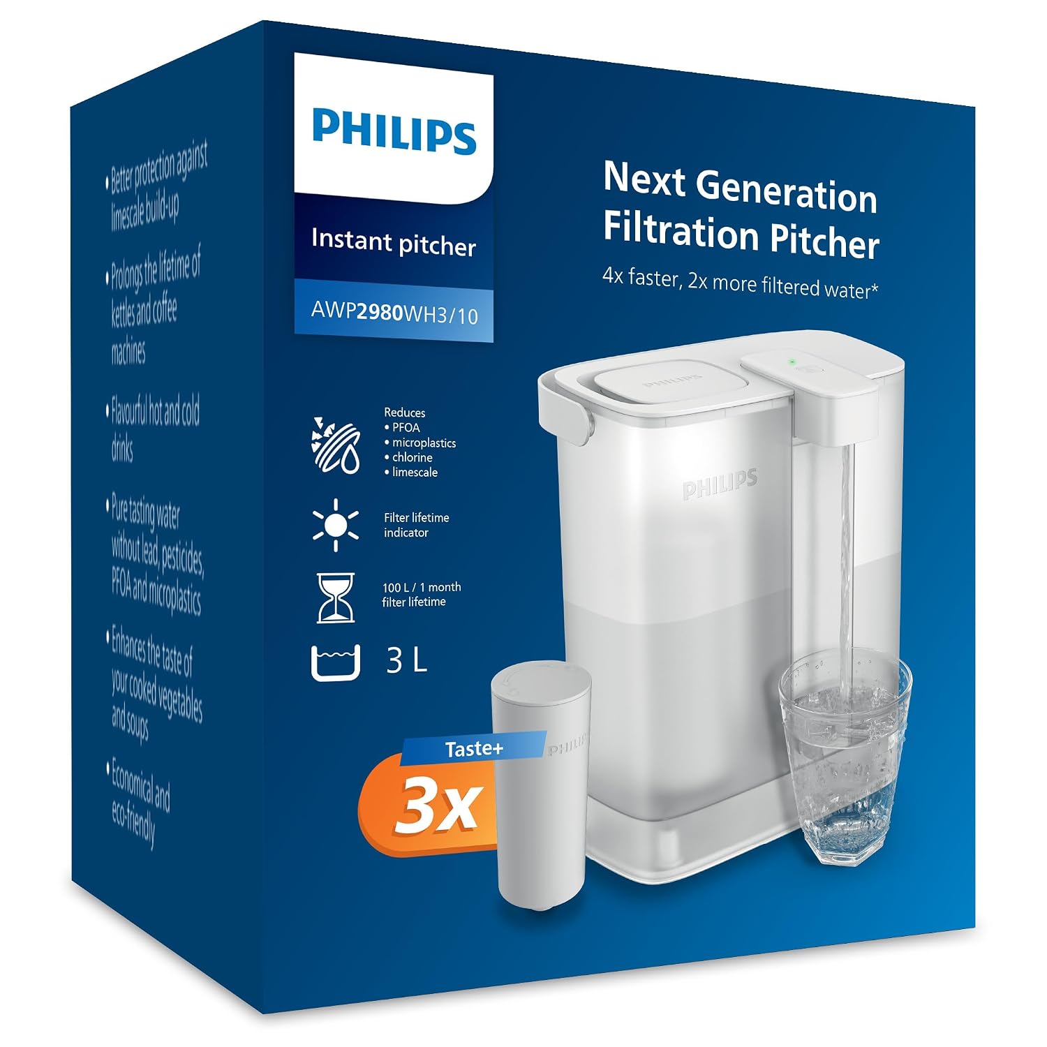 Philips Taste+ On Demand water dispenser in its retail box, showing the 3 litre unit and three included filter cartridges