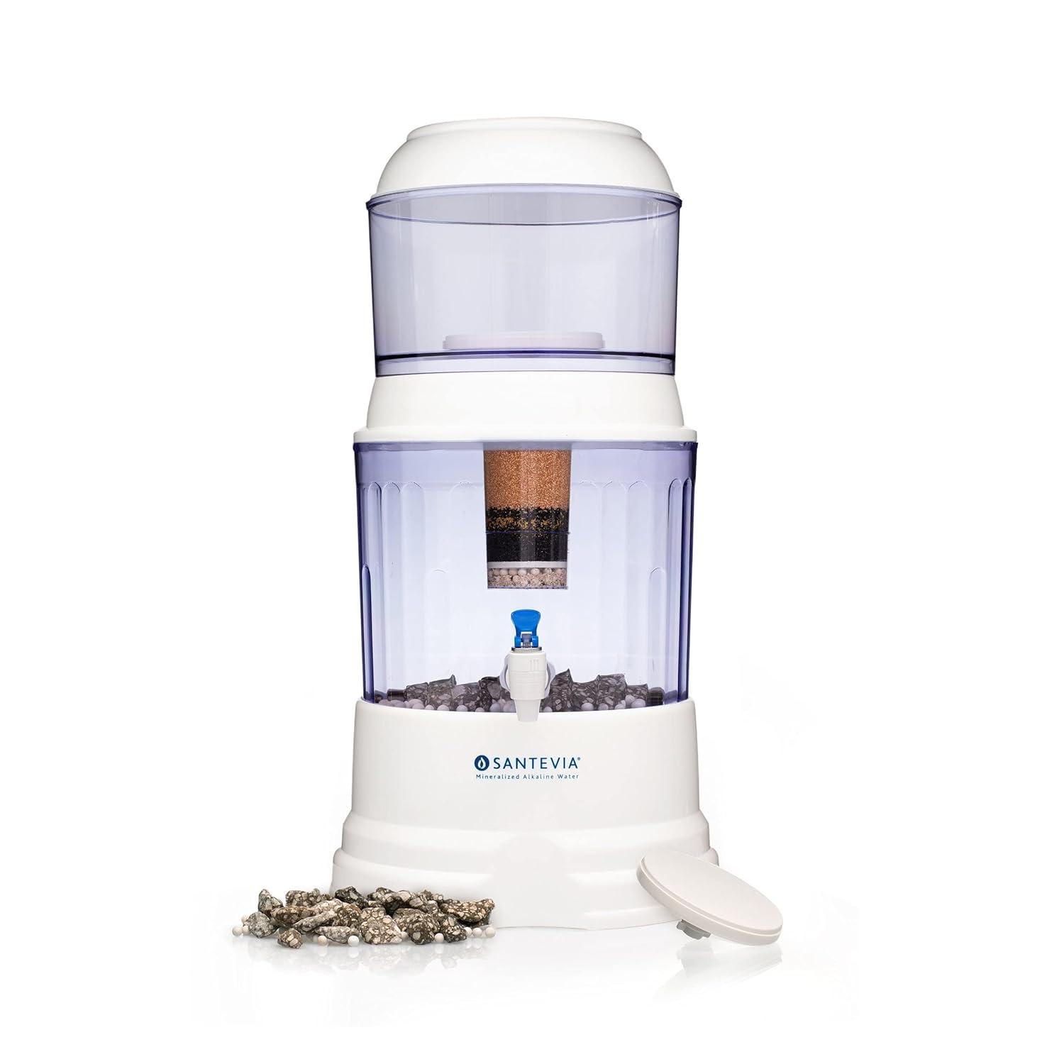 Santevia Gravity Water System in white, a tall two-chamber countertop filter with a tap at the base