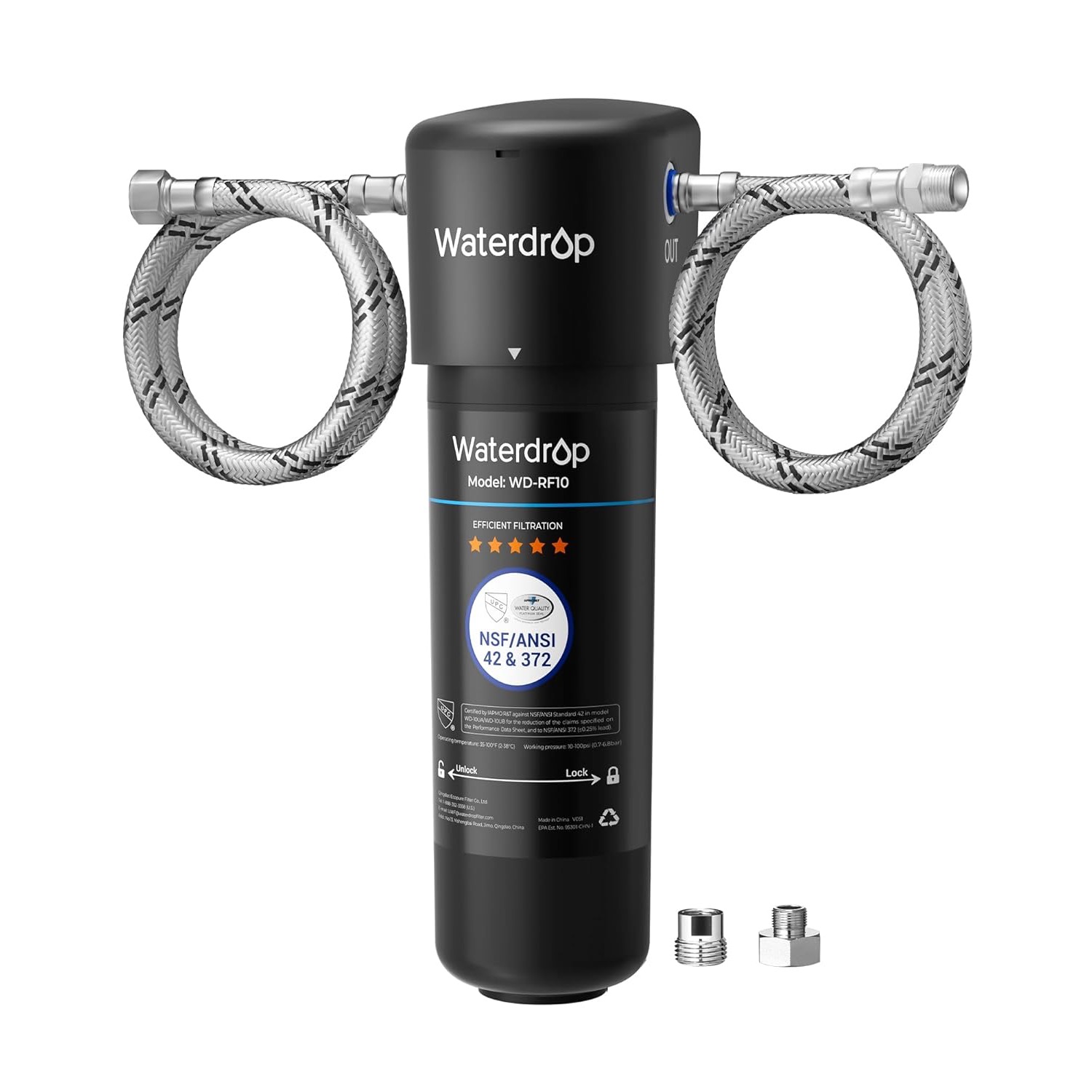 Waterdrop 10UA under sink water filter system in black, shown with its mounting bracket and hose connectors