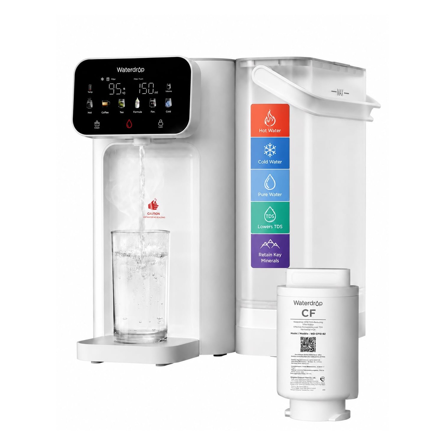 Waterdrop CT01 hot and cold water filter dispenser in ivory white with a digital control panel