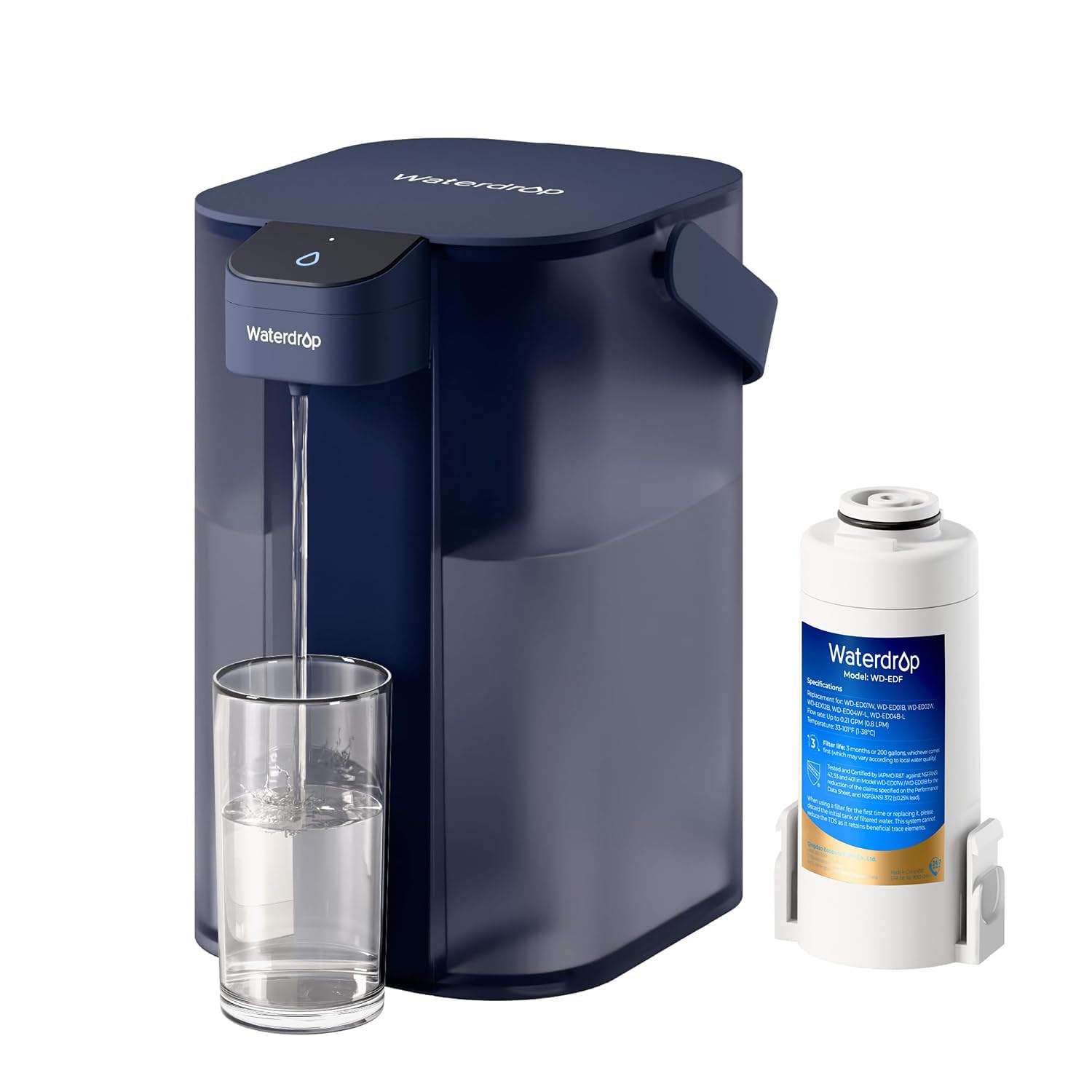 Waterdrop ED01B electric water filter jug in navy blue, shown with a glass of filtered water and its replacement cartridge