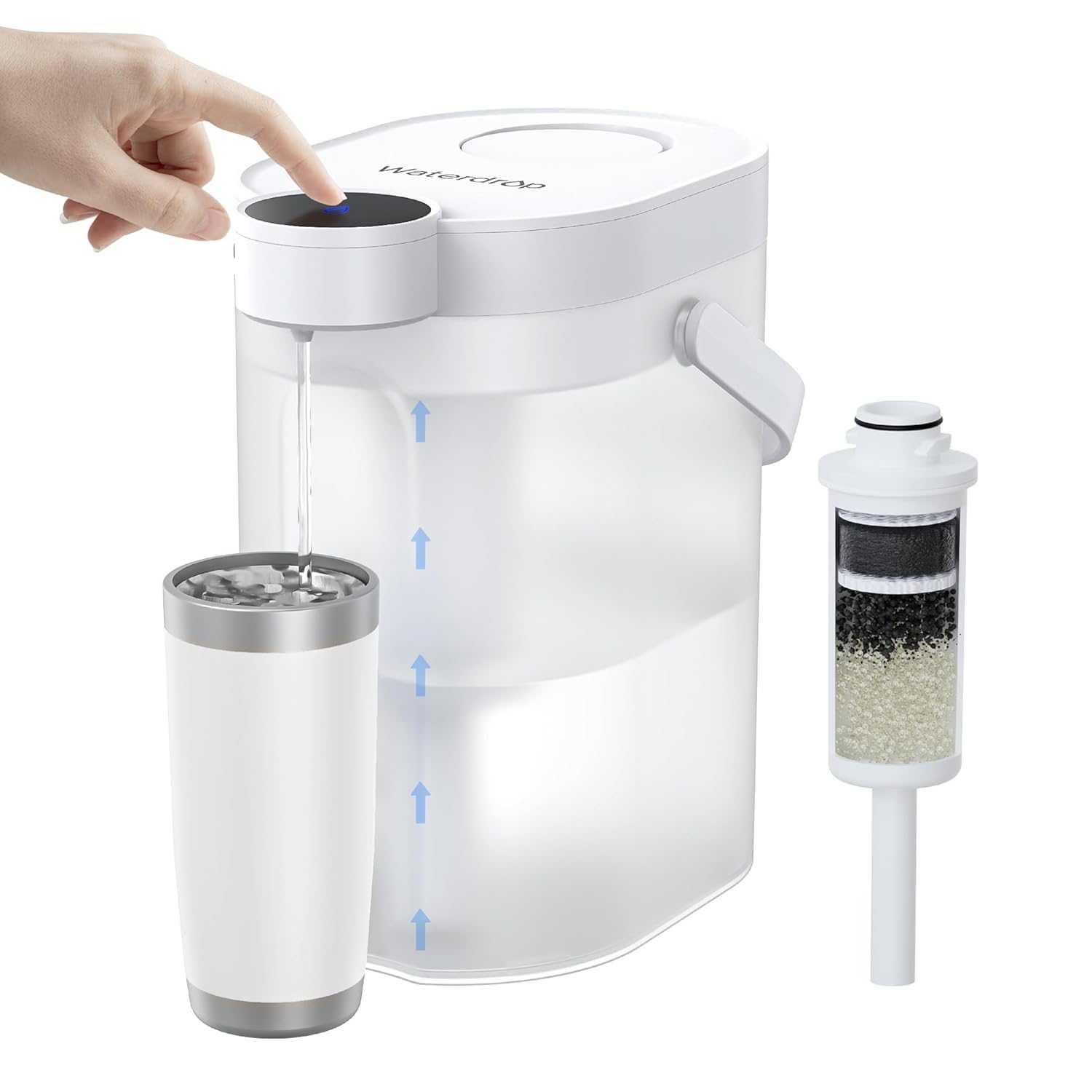 Waterdrop ED06W softening water filter jug in white, being operated by hand, with a glass and the replacement cartridge alongside