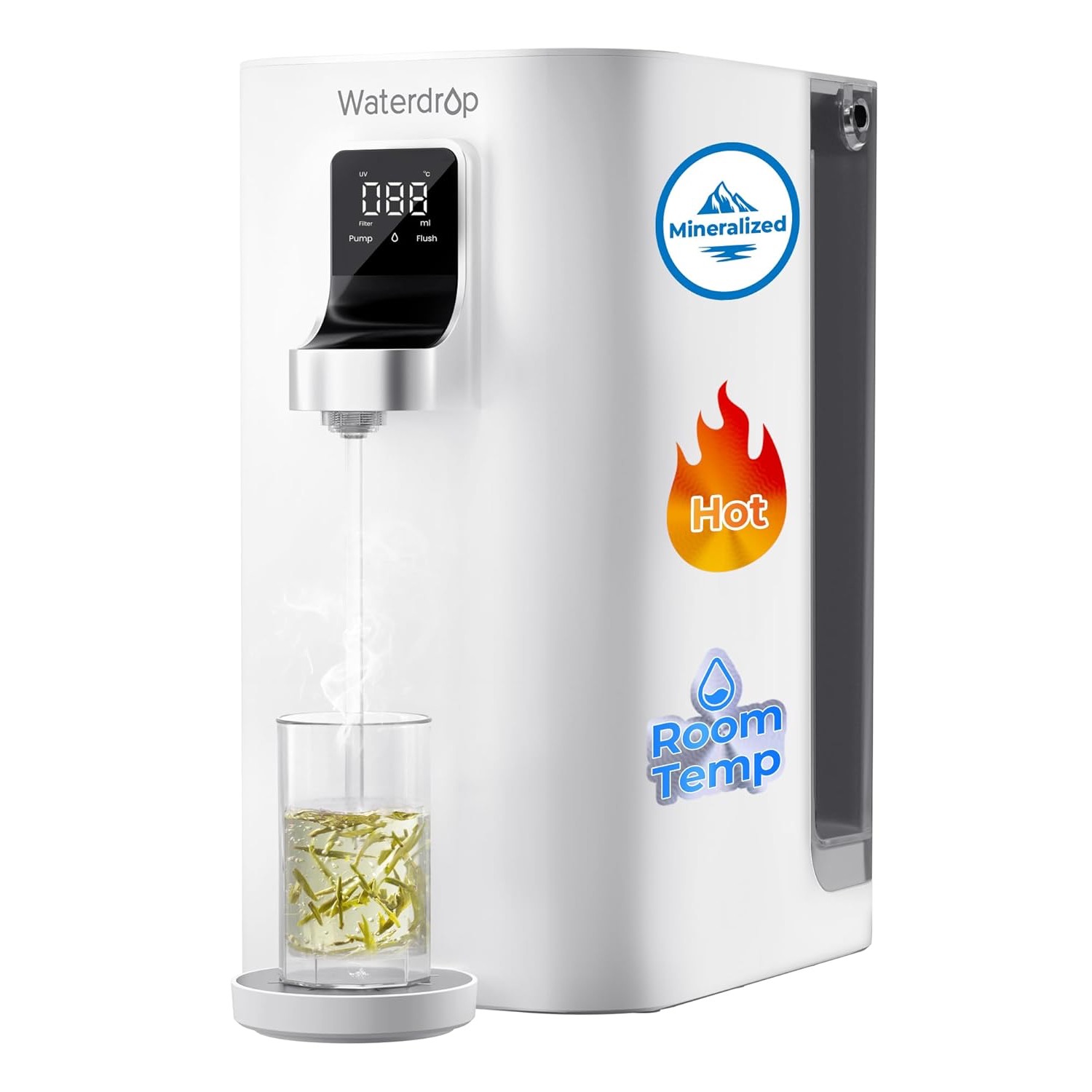 Waterdrop K19-HG countertop reverse osmosis system in white, with a digital display and a glass beneath the spout