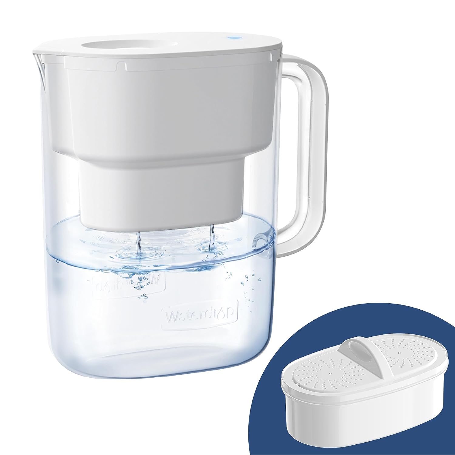 Waterdrop Lucid 3.5 litre water filter jug in white, shown beside its round replacement filter cartridge