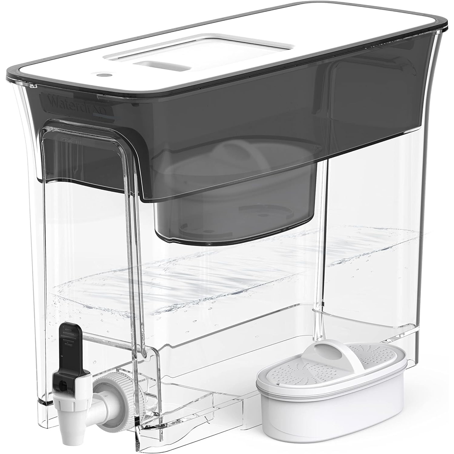 Waterdrop WFD-04L slim water filter dispenser in black and clear plastic, with its tap at the front and filter cartridge alongside